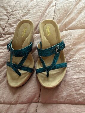 Teal Strappy Wedge Sandals with Buckle by Cherokee